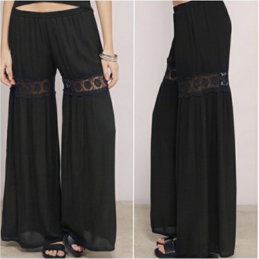 Rare Tobi Women's Black Crepe & Lace Nylon/ Viscose Blend Wide Leg Pants XS TP
